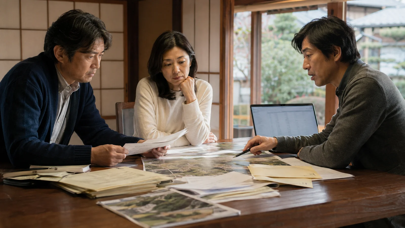 相続人の家族が物件一覧、固定資産税通知、地図を大きな机に並べ、担当と期限を決めている。