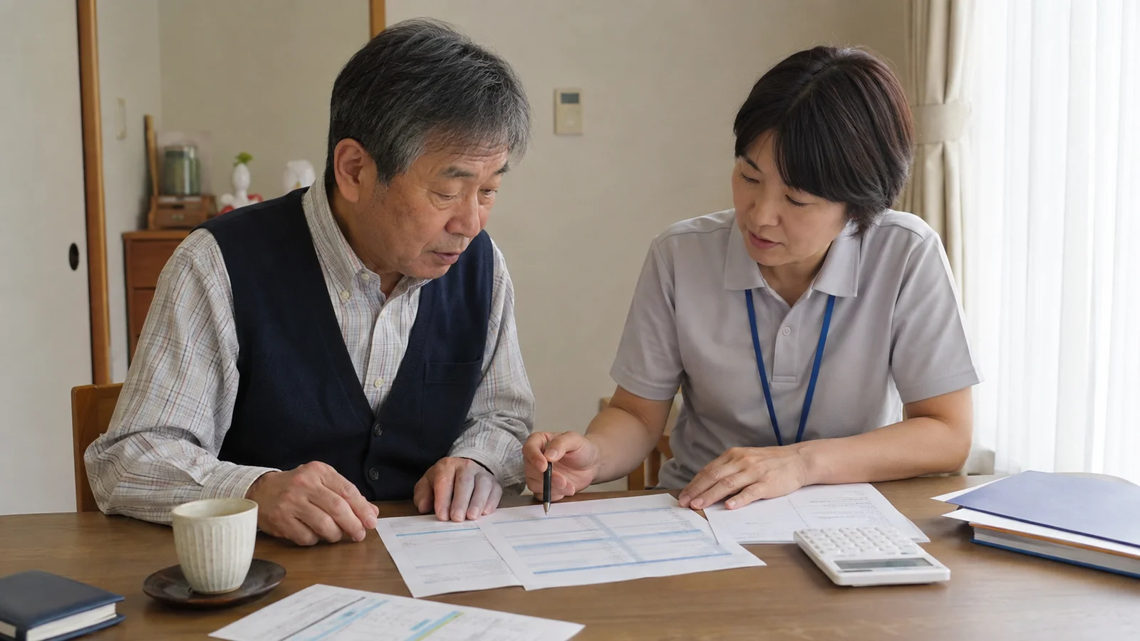 入居希望者と支援員が家賃、保証料、見守り費、初期費用を一枚の月額表で比較している。