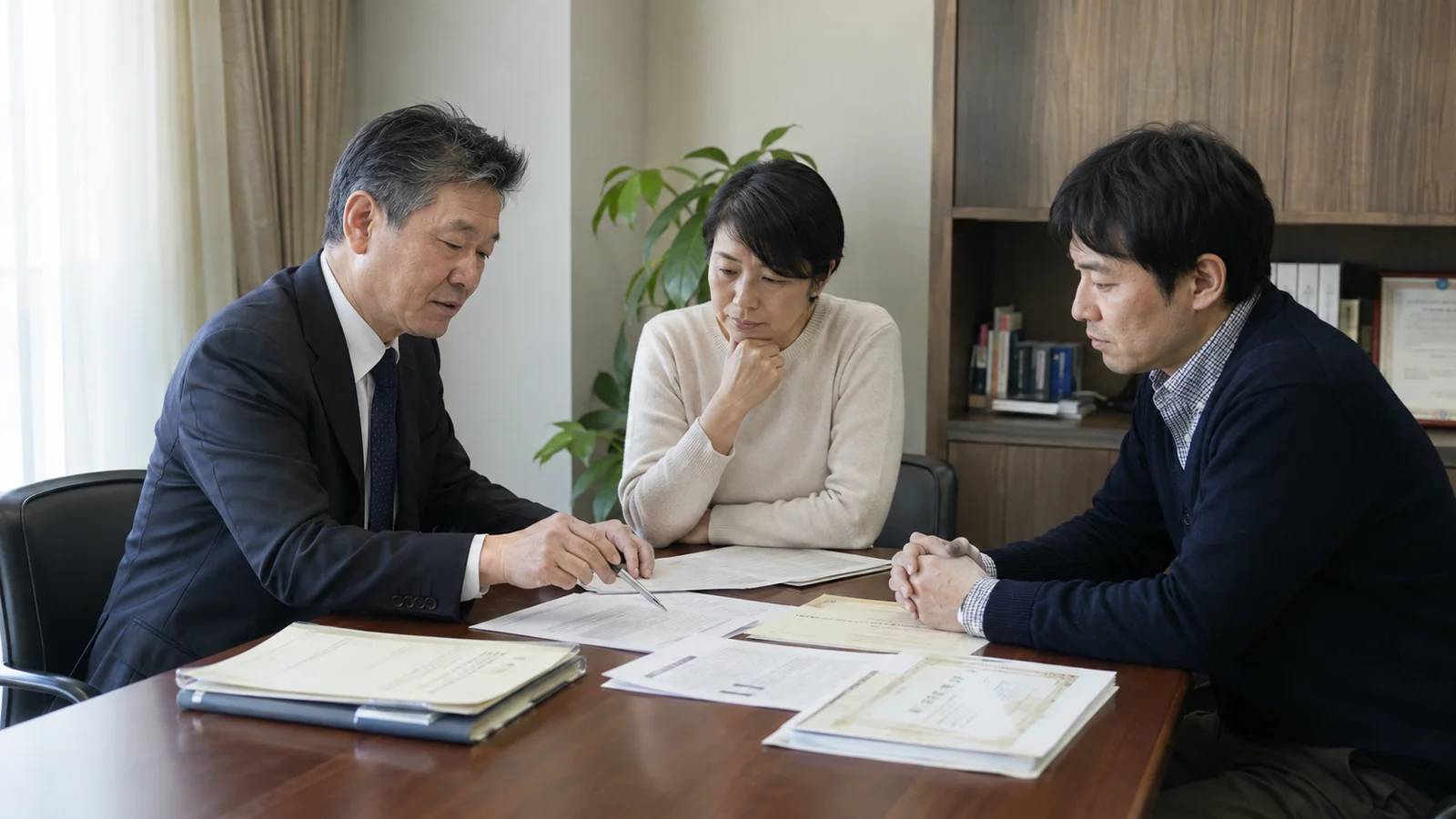 税理士と相続人が売買契約書、登記事項証明書、耐震証明、被相続人居住用家屋等確認書をチェックしている。