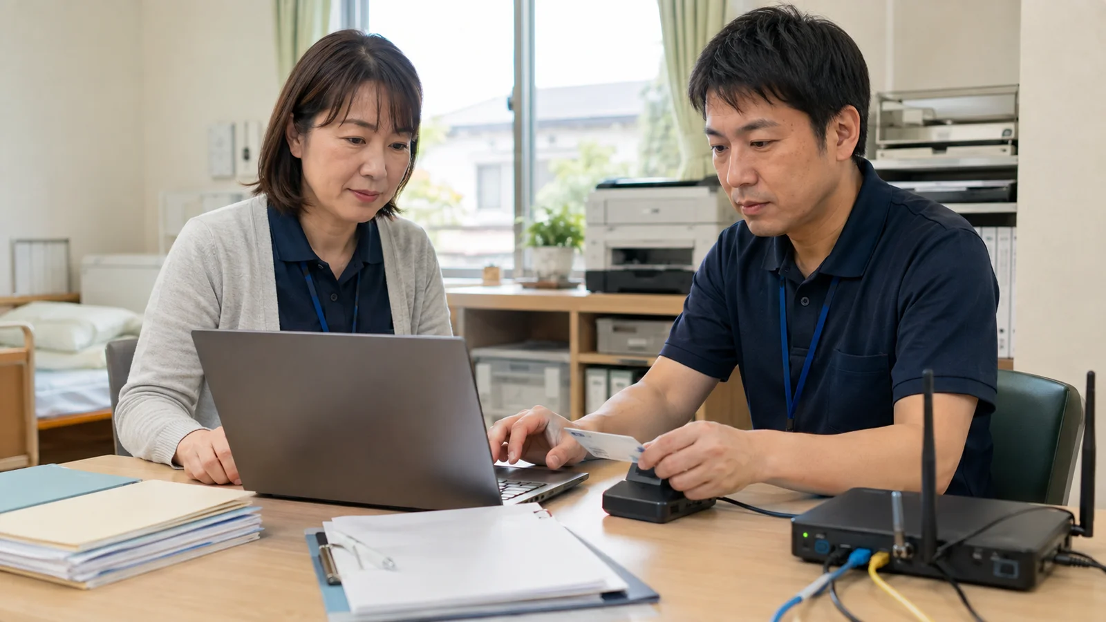 介護施設の情報担当者が業務用パソコン、カードリーダー、認証用端末を使い、ログインと資格確認の接続試験をしている。