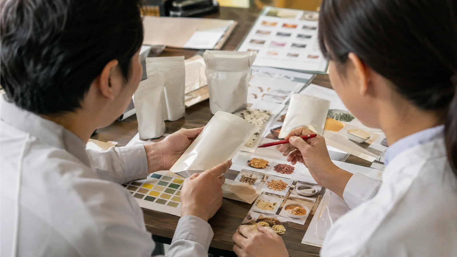 食品表示担当者がカシューナッツを含む複数の加工食品パッケージを並べ、原材料欄とアレルギー一括表示を拡大鏡で確認している。