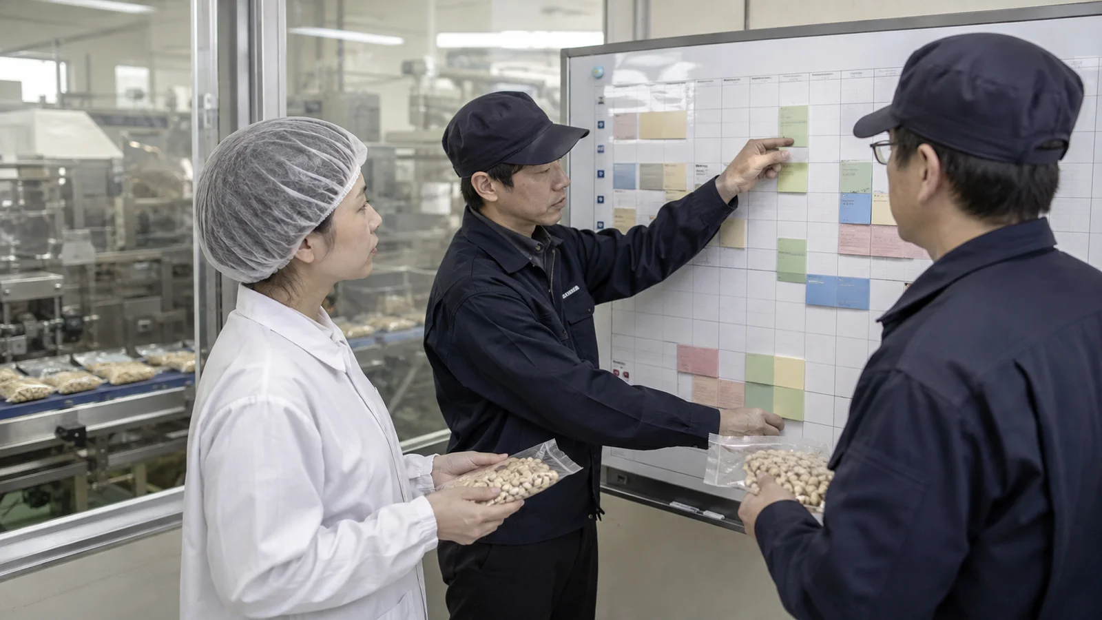 食品会社の担当者が商品別の原料確認、包材承認、製造切替、出荷在庫を大きな進行表で確認している。