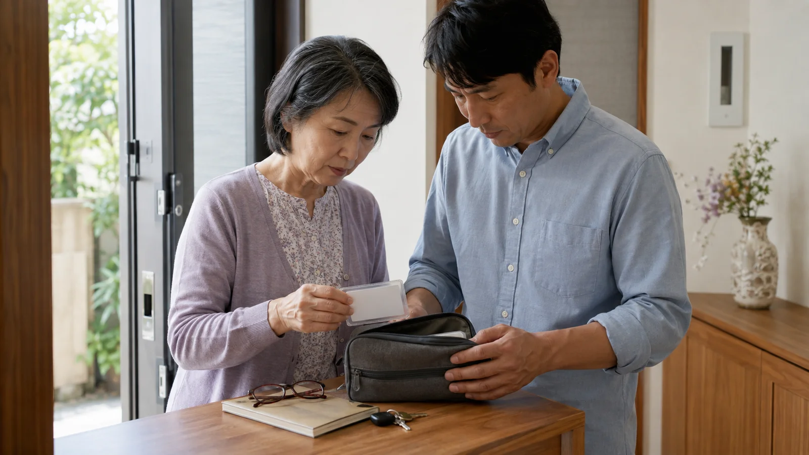 家庭の玄関近くにマイナンバーカードの保管場所、お薬手帳、緊急連絡メモ、薬袋をまとめた救急持出セットが用意されている。