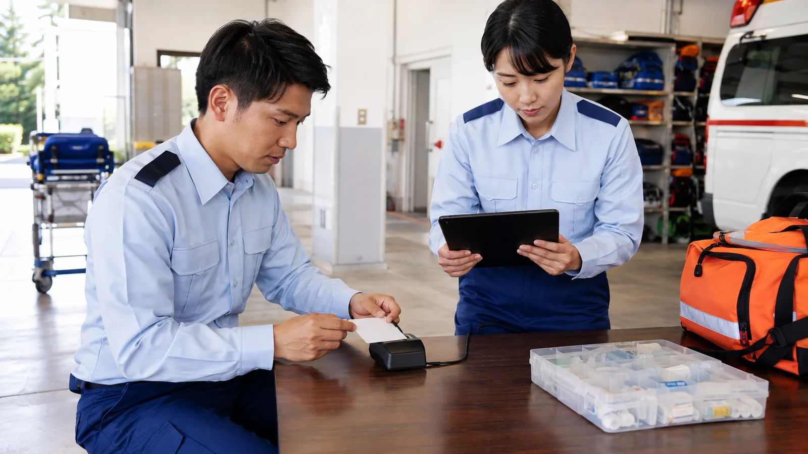 救急隊員と家族が専用端末の医療情報、お薬手帳、持病メモを並べ、直近の服薬と過去の手術を照合している。