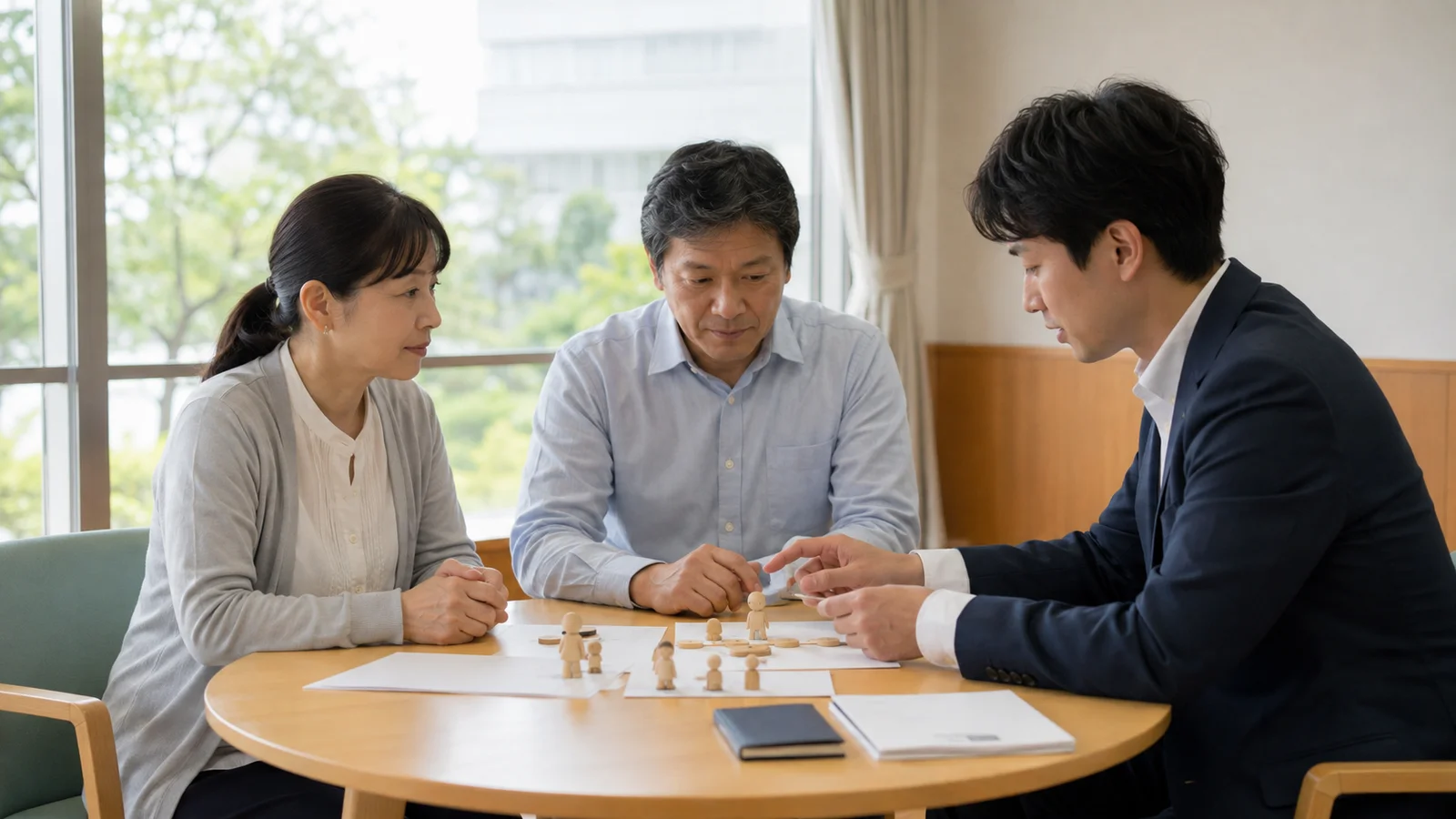 共働き夫婦がそれぞれの年金記録と勤務先給付を左右に分け、死亡時の二方向の家計シナリオを見直している。