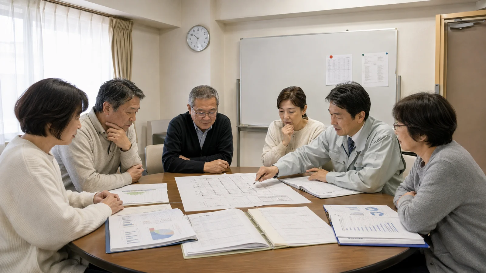 マンション管理組合の住民と管理担当者が集会室で長期修繕計画、修繕積立金資料、建物図面を広げて議論している。