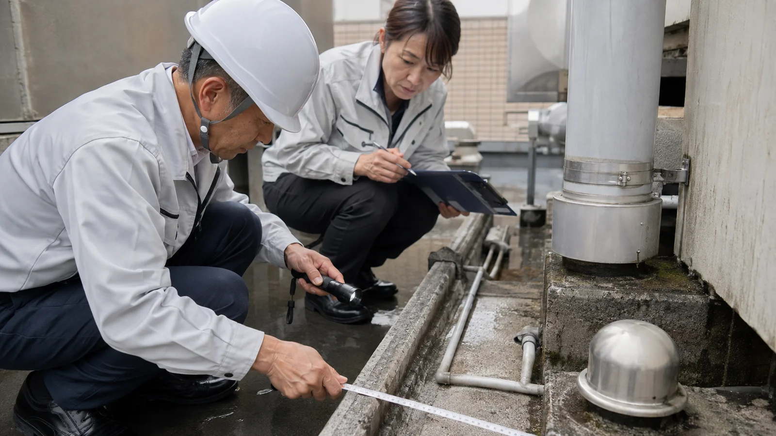 マンションの屋上設備周辺で二人の建物調査員が排水、配管、防水層の状態を測り、修繕記録へ反映している。