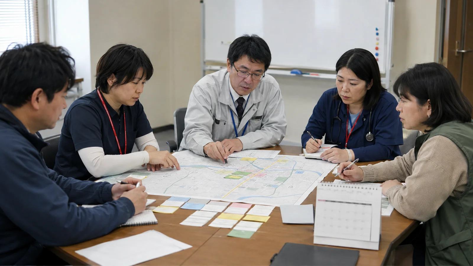 自治体職員、保健師、福祉、住宅、NPOの担当者が地図と世帯別カードを囲み、被災者支援の担当と期限をケース会議で調整している。