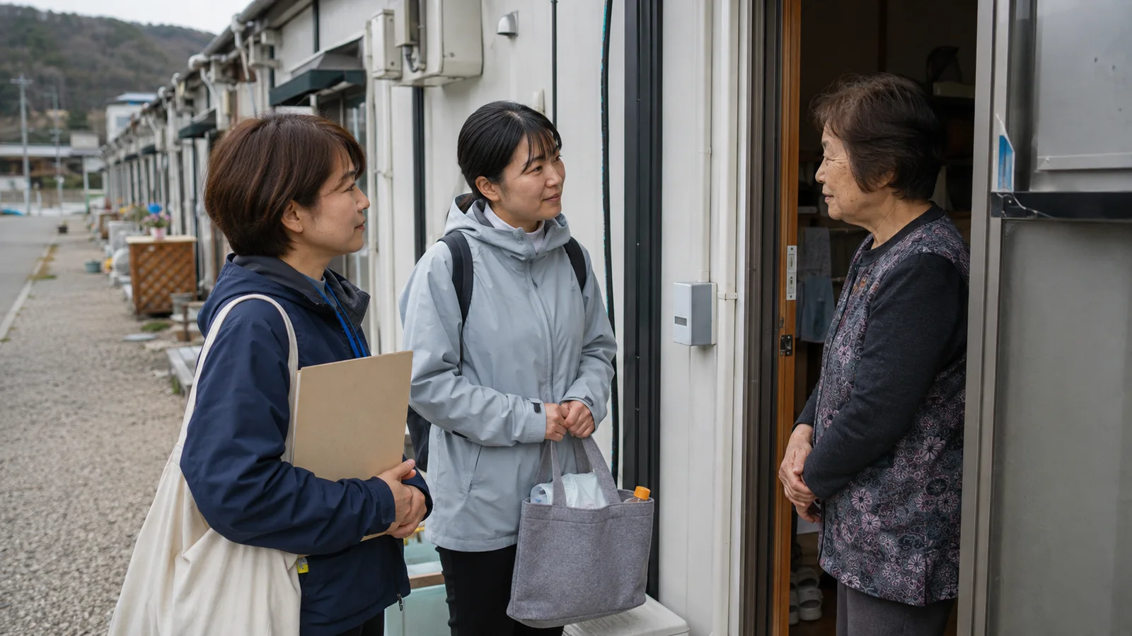 応急仮設住宅の玄関先で地域支援員と保健師が高齢の住民を訪ね、体調と生活上の困り事を静かに聞いている。
