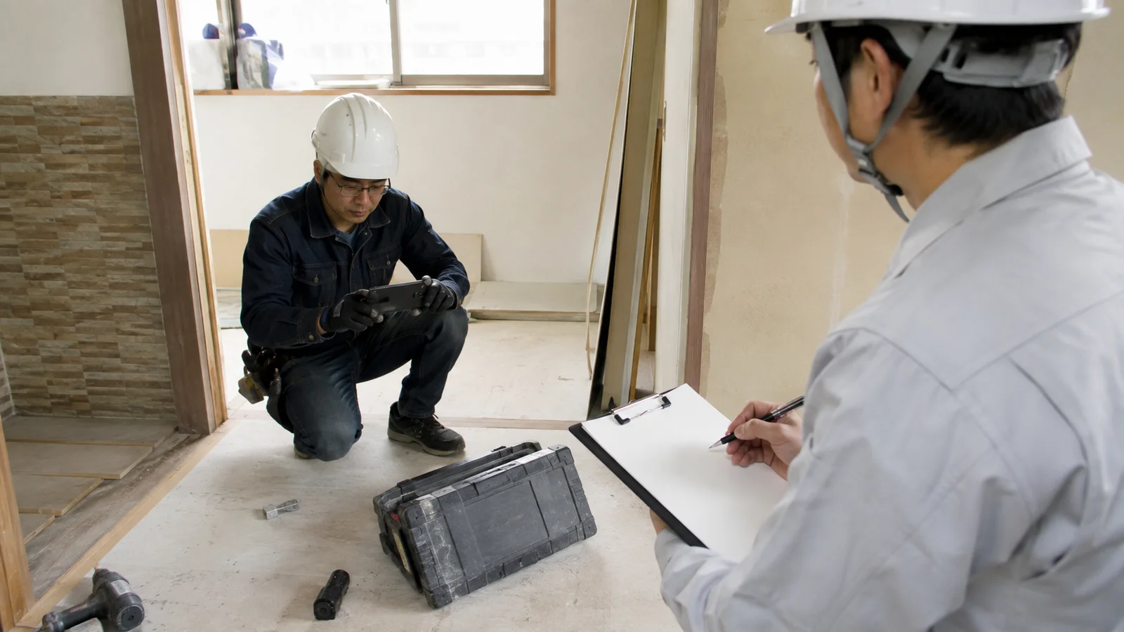 改修工事の現場でフリーランスの作業者が工具箱の転倒状況をスマートフォンで撮影し、別の担当者が時刻と状況を記録している。