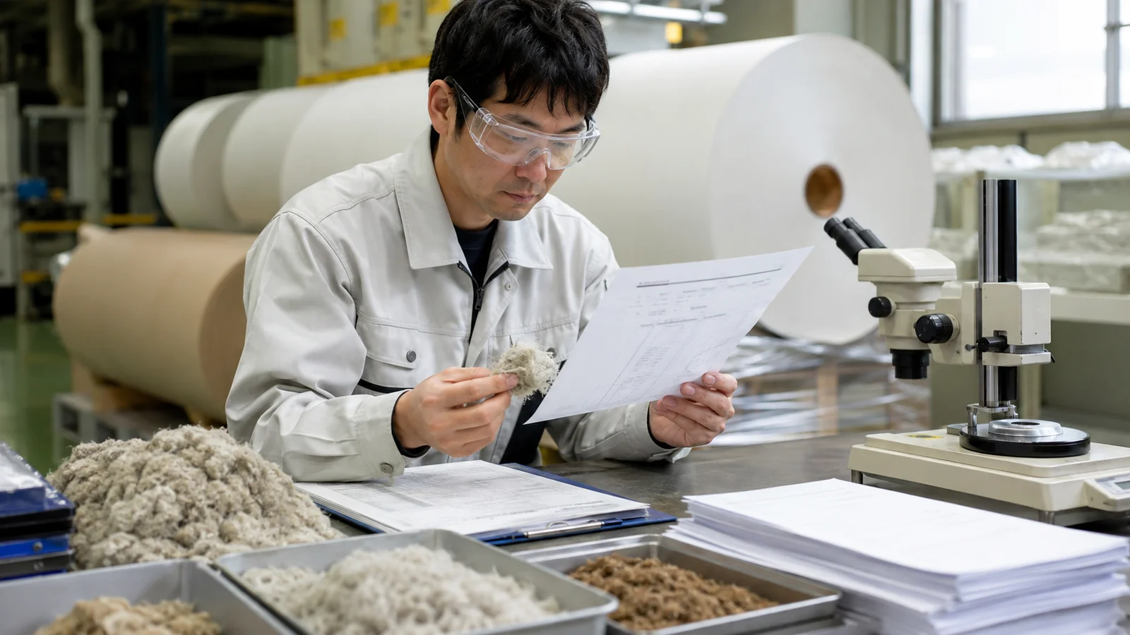 再生紙工場の品質担当者が紙繊維の試料、製品仕様書、検査機器を使い、調達基準を満たす根拠を確認している。