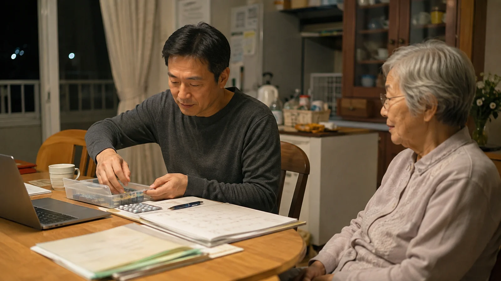 日本の家庭で中年の家族が高齢の親と同席し、薬箱、介護予定表、ノートパソコンを食卓に並べて生活の段取りを整えている。