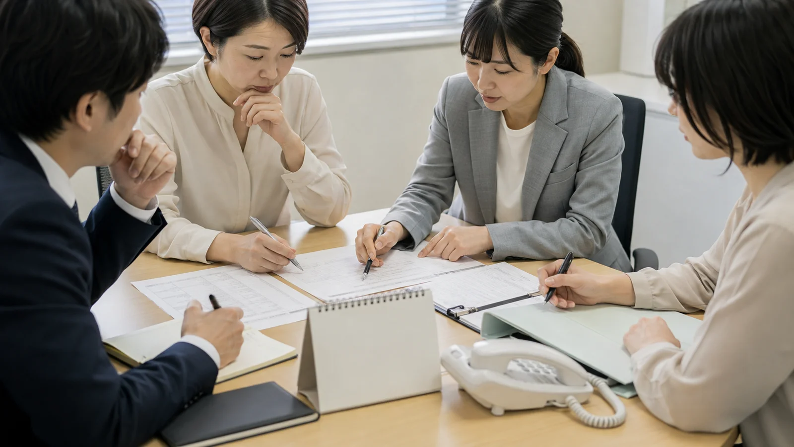 日本企業の人事チームが相談票、勤務予定表、電話連絡手順を机上で広げ、介護相談の対応を事前に練習している。
