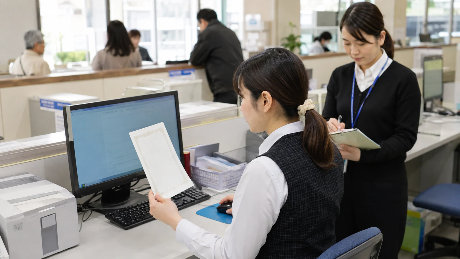 市役所の窓口で職員が新システムの画面と印刷された証明書を確認し、後方の支援担当がチェック表へ結果を記録している。
