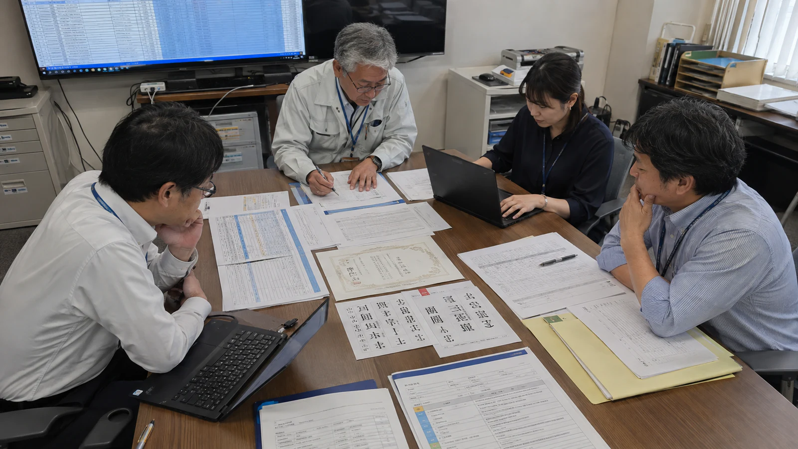 自治体のシステム移行チームが会議室で旧新データの件数表、帳票、外字サンプルを並べ、差異を一件ずつ確認している。