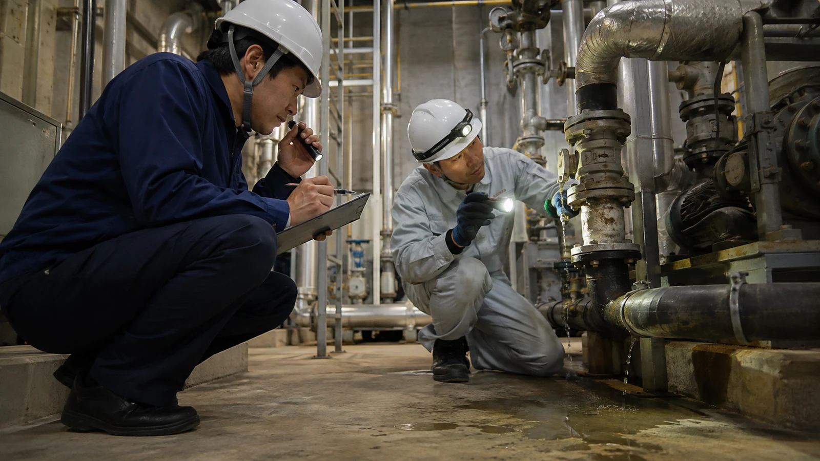 公共施設の機械室で設備技術者と自治体職員が配管の漏水箇所を照明で確認し、現場記録を作成している。