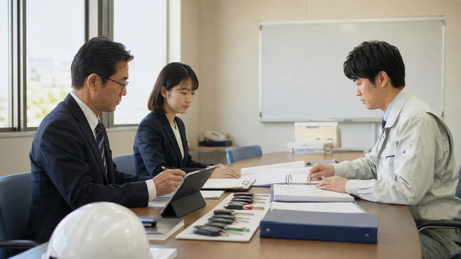 自治体の会議室で現行受託者、自治体担当者、次期担当候補が施設台帳と鍵の一覧を並べ、引継ぎ内容を確認している。