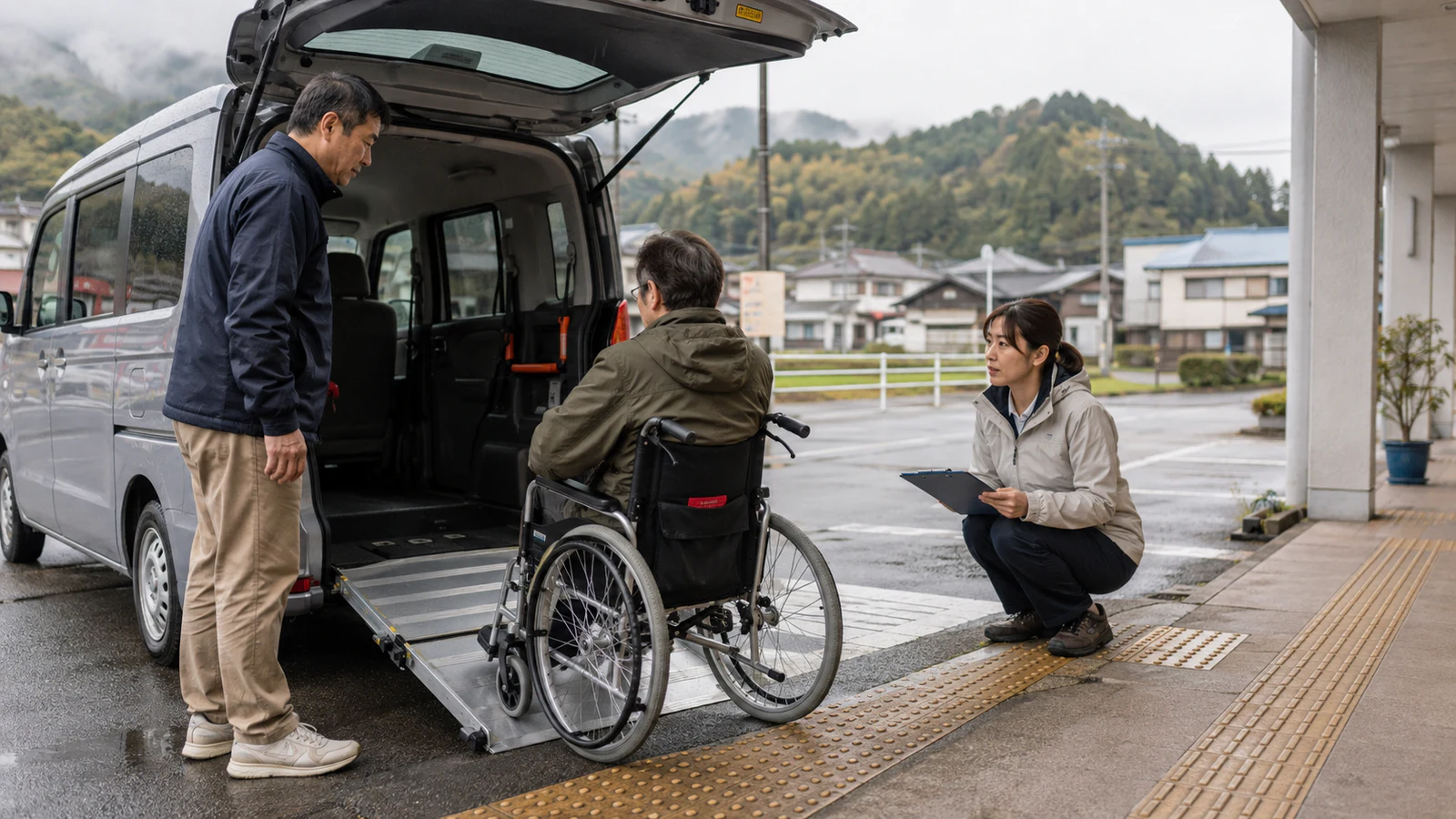 地方の診療所前で車いす利用者、運転者、自治体担当者が乗降用スロープと停車位置を実地確認している。