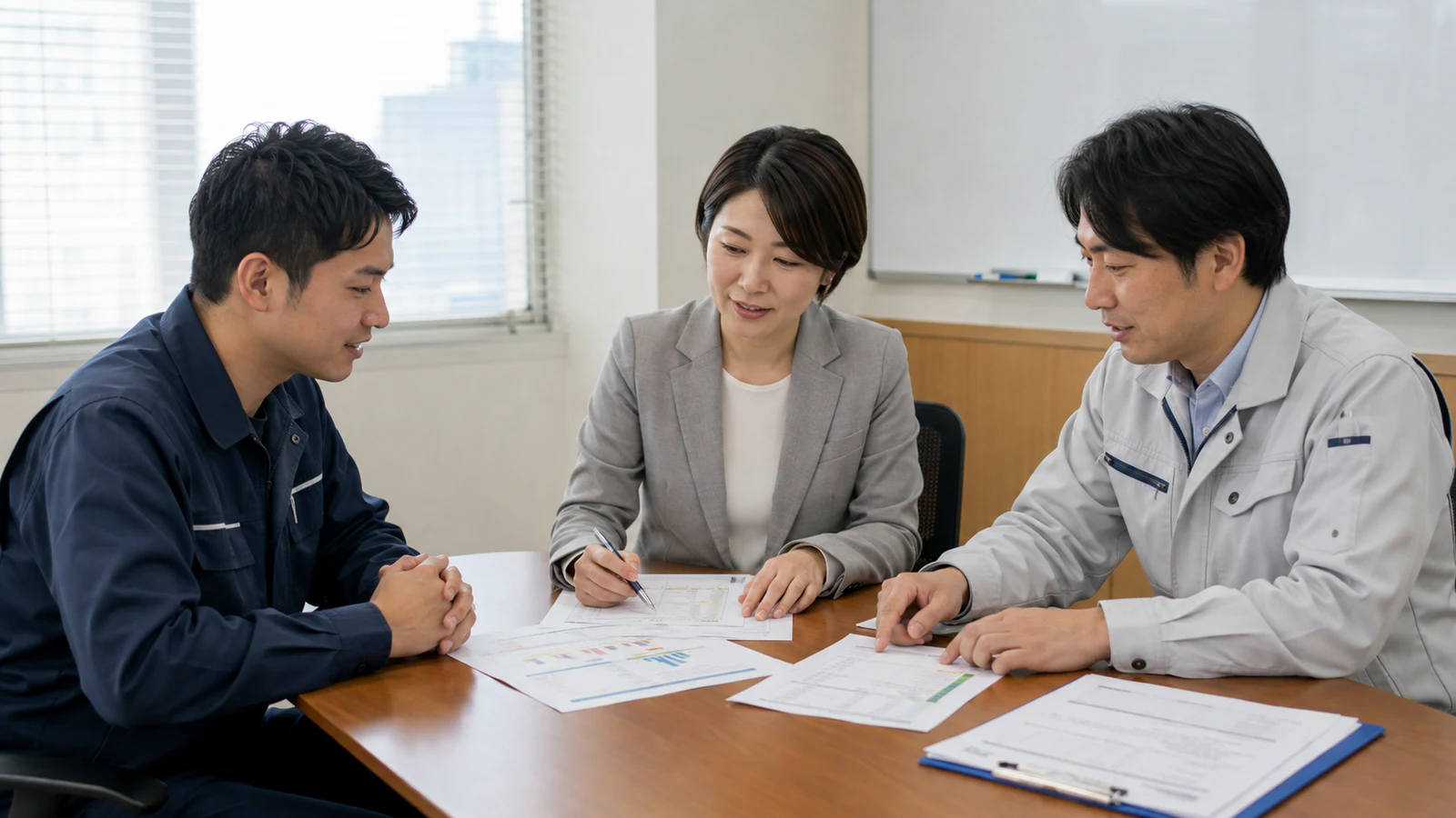 外国人社員、人事担当者、現場指導者が小会議室で技能評価表、日本語学習記録、次年度の職務計画を三者で見直している。