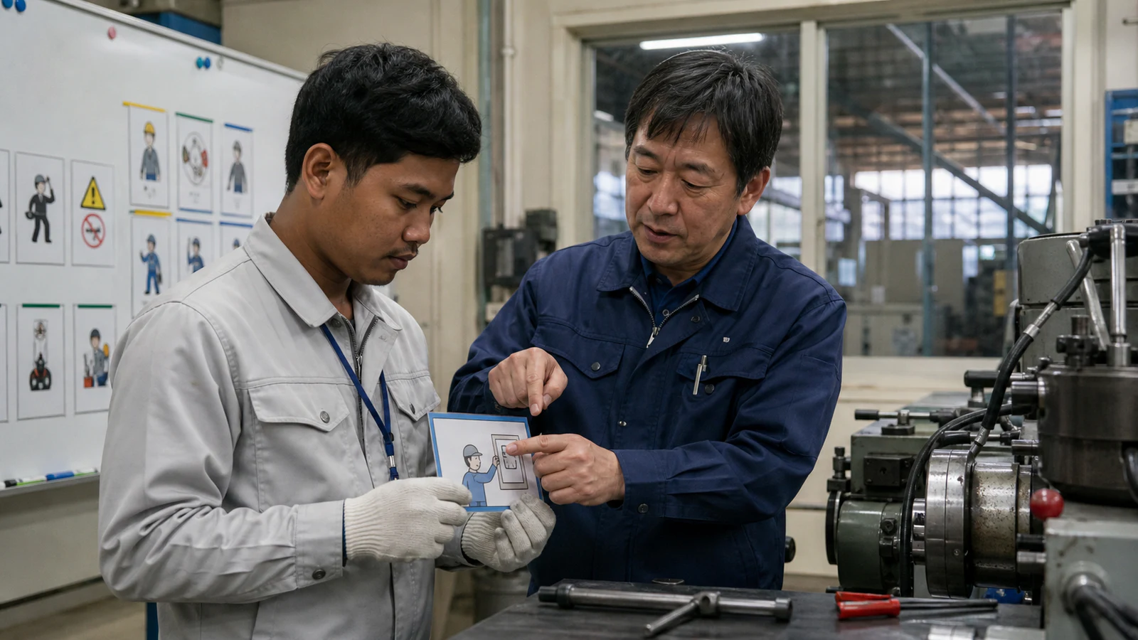 外国人社員と日本人指導者が職場の研修室で工具、安全標識、日本語教材を使い、作業中の報告表現を練習している。
