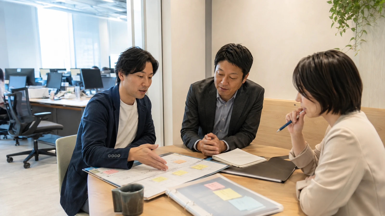 教育訓練休暇から復帰する社員、直属上司、人事担当者が、修了内容と復帰後90日の担当課題を話し合っている。