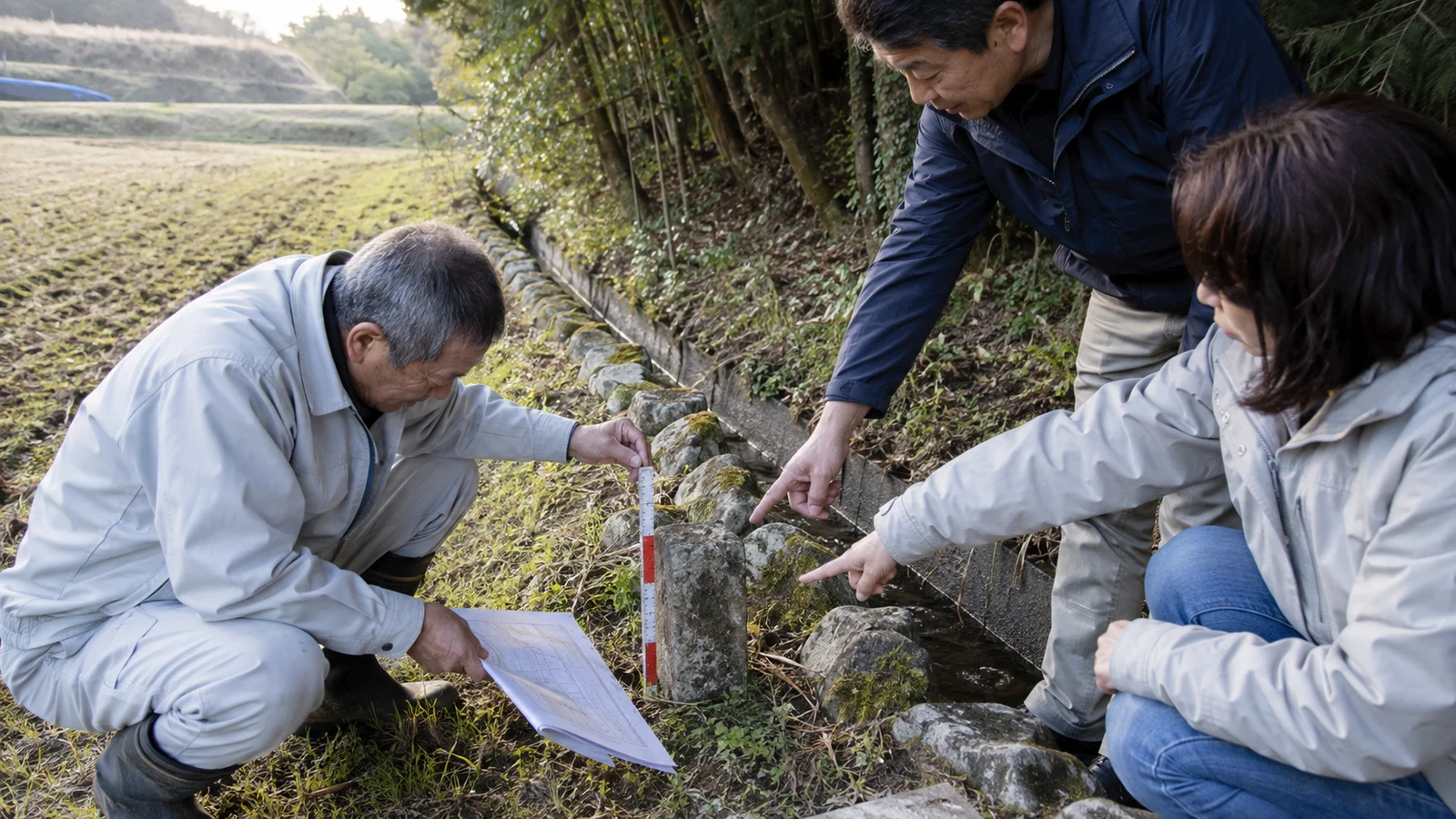 相続人、隣地所有者、土地家屋調査の専門家が、山林入口の境界標と公図、現況写真を同じ位置で確認している。
