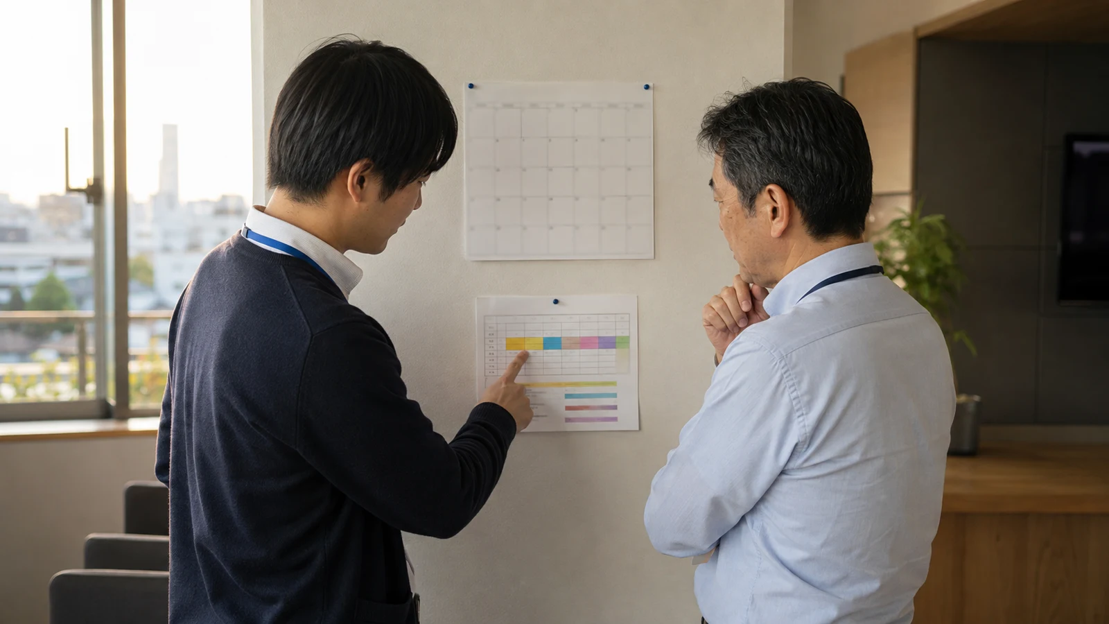 治療中の社員と上司が、通院日、勤務時間、避ける作業、次回見直し日を記した両立支援プランを更新している。