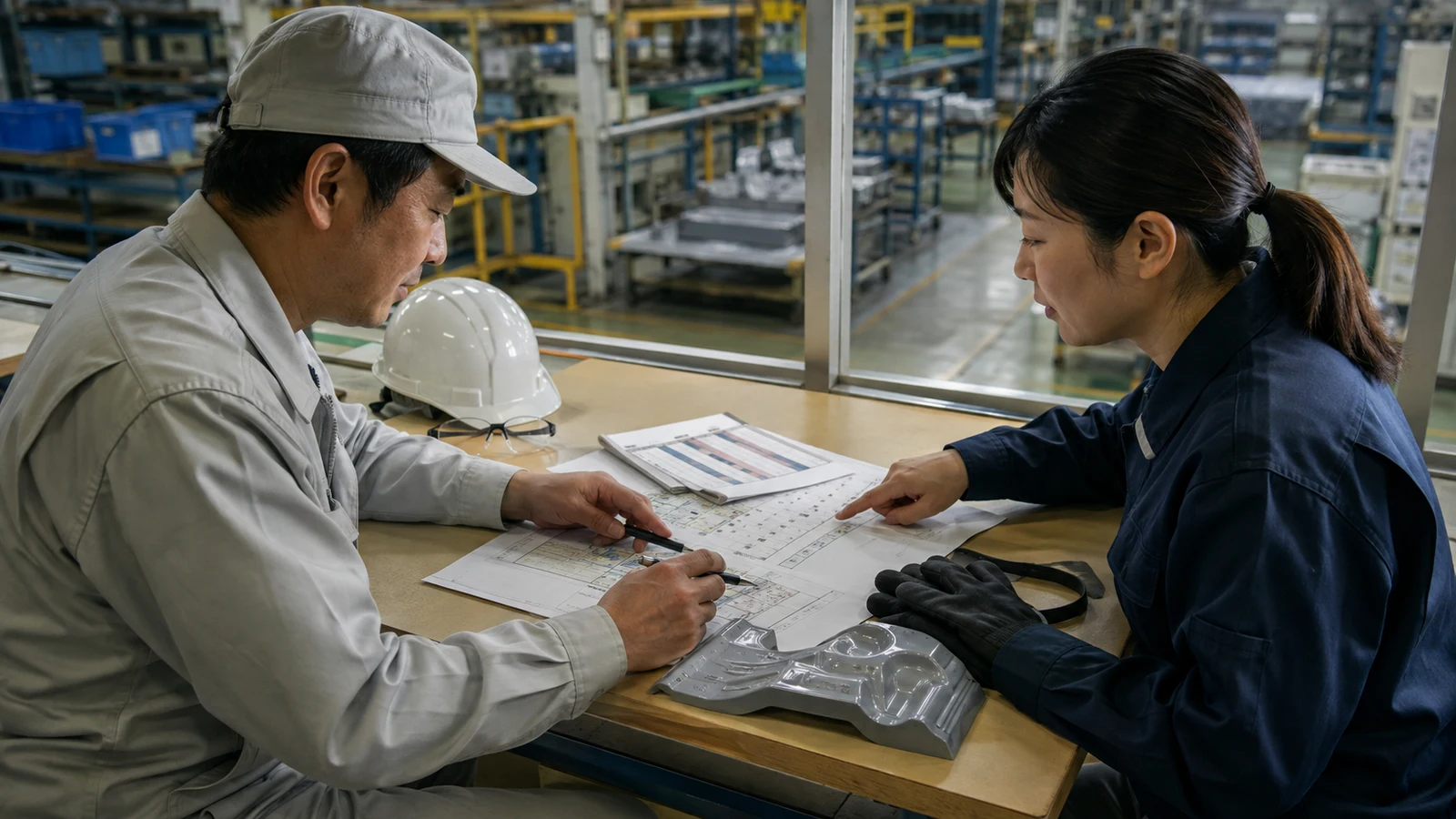 人事担当者と現場責任者が、勤務時間、重量物、夜勤、出張、緊急対応を主治医へ伝える仕事情報提供書へ記入している。