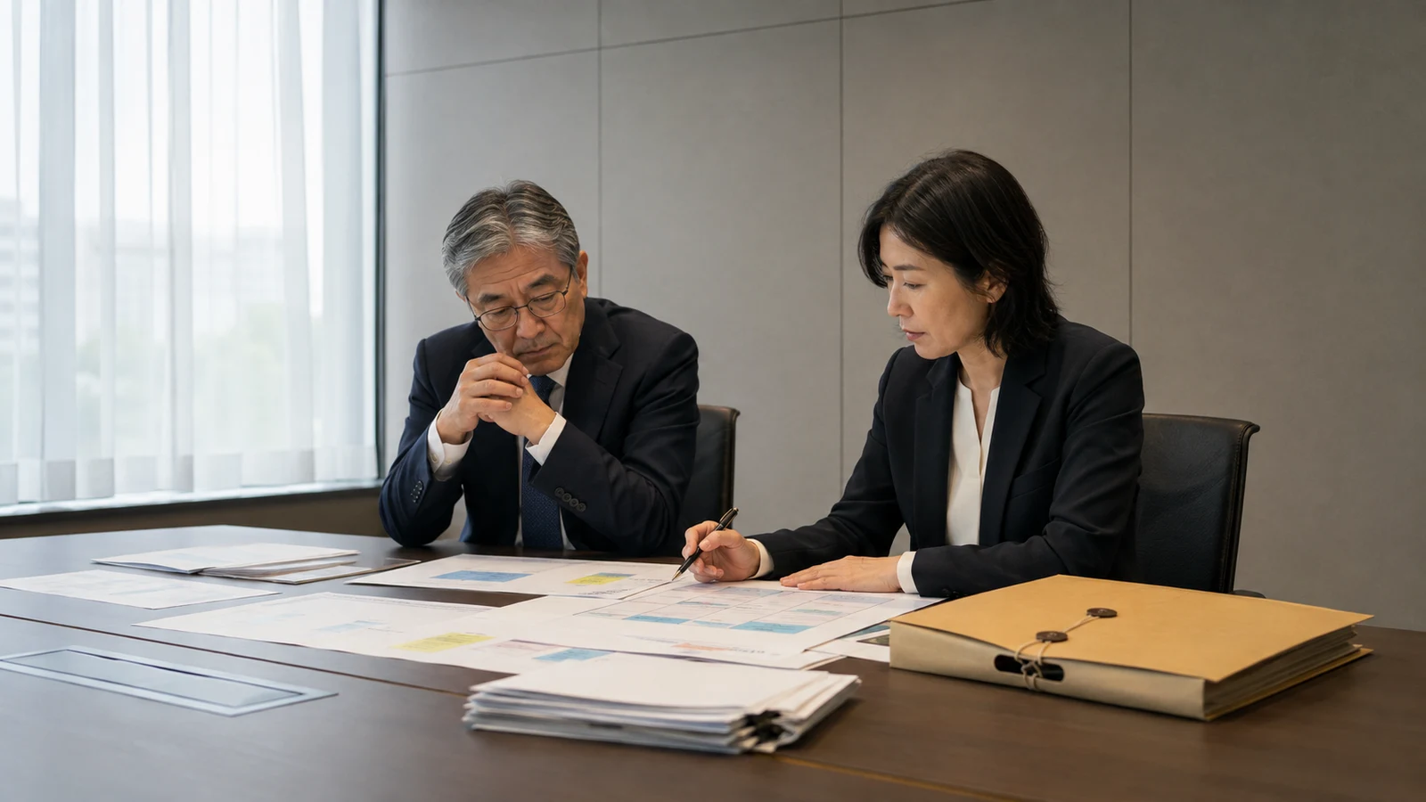 社外取締役と外部調査担当者が、経営幹部の関与を示す責任表と証拠保全リストを別室で確認している。