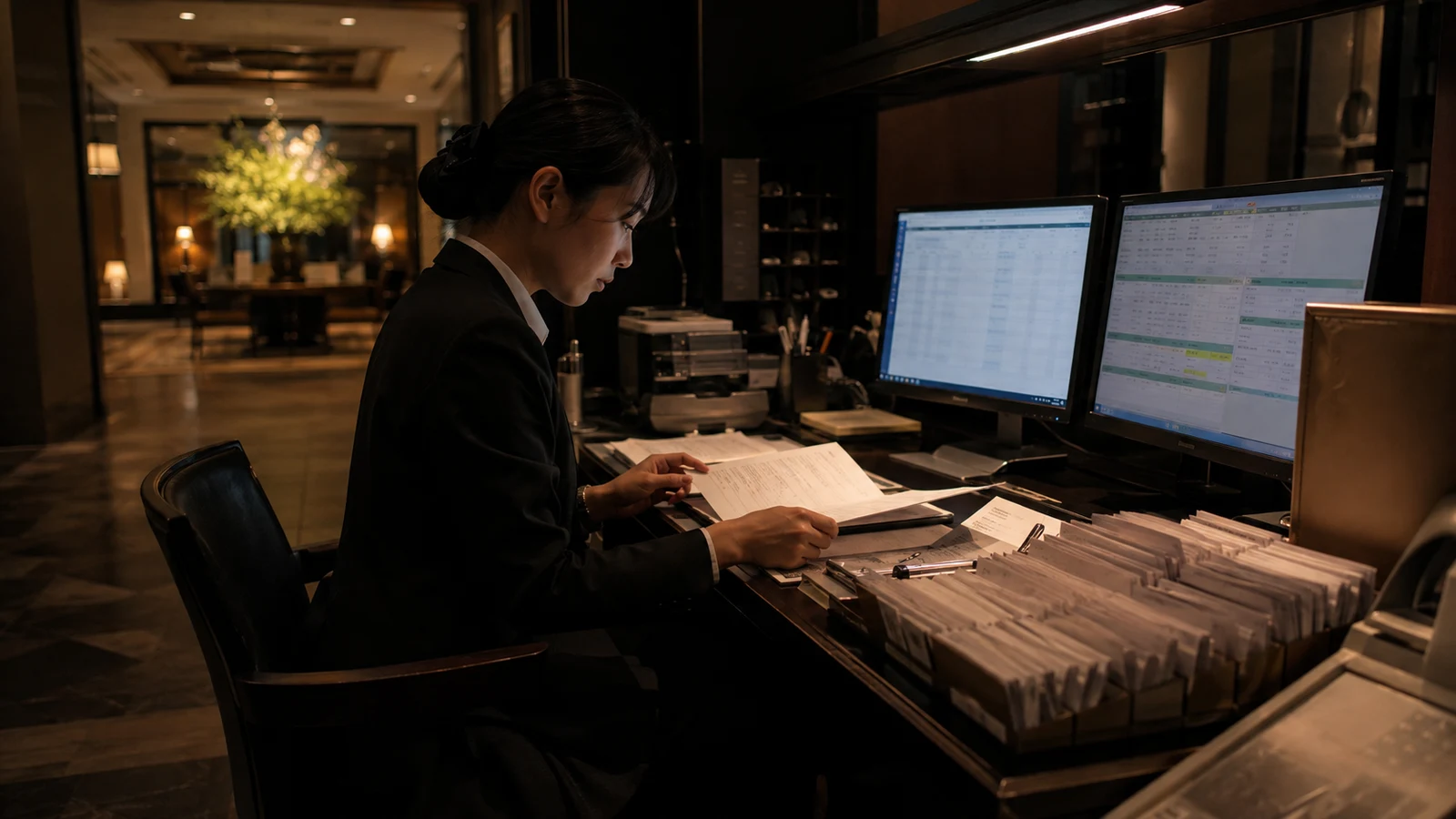 ホテルの夜間監査担当者が、宿泊実績、税率帯別件数、免税証明、決済、会計仕訳を日次照合している。
