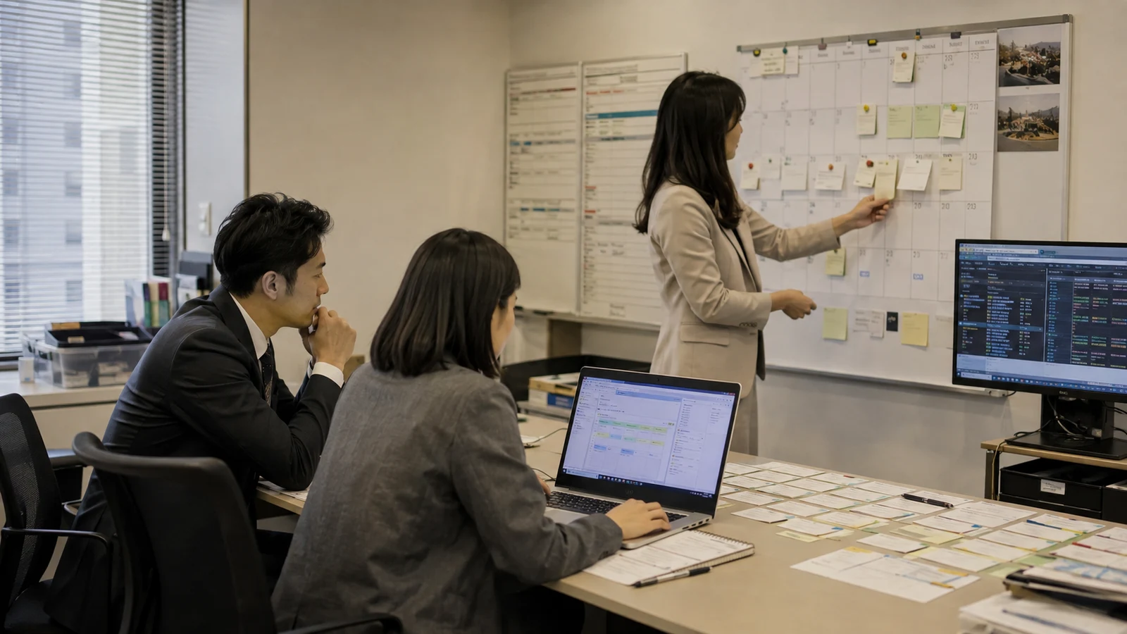 宿泊施設の予約システム担当者が、大阪、京都、北海道、東京の施行日をまたぐテスト予約を一泊ずつ確認している。