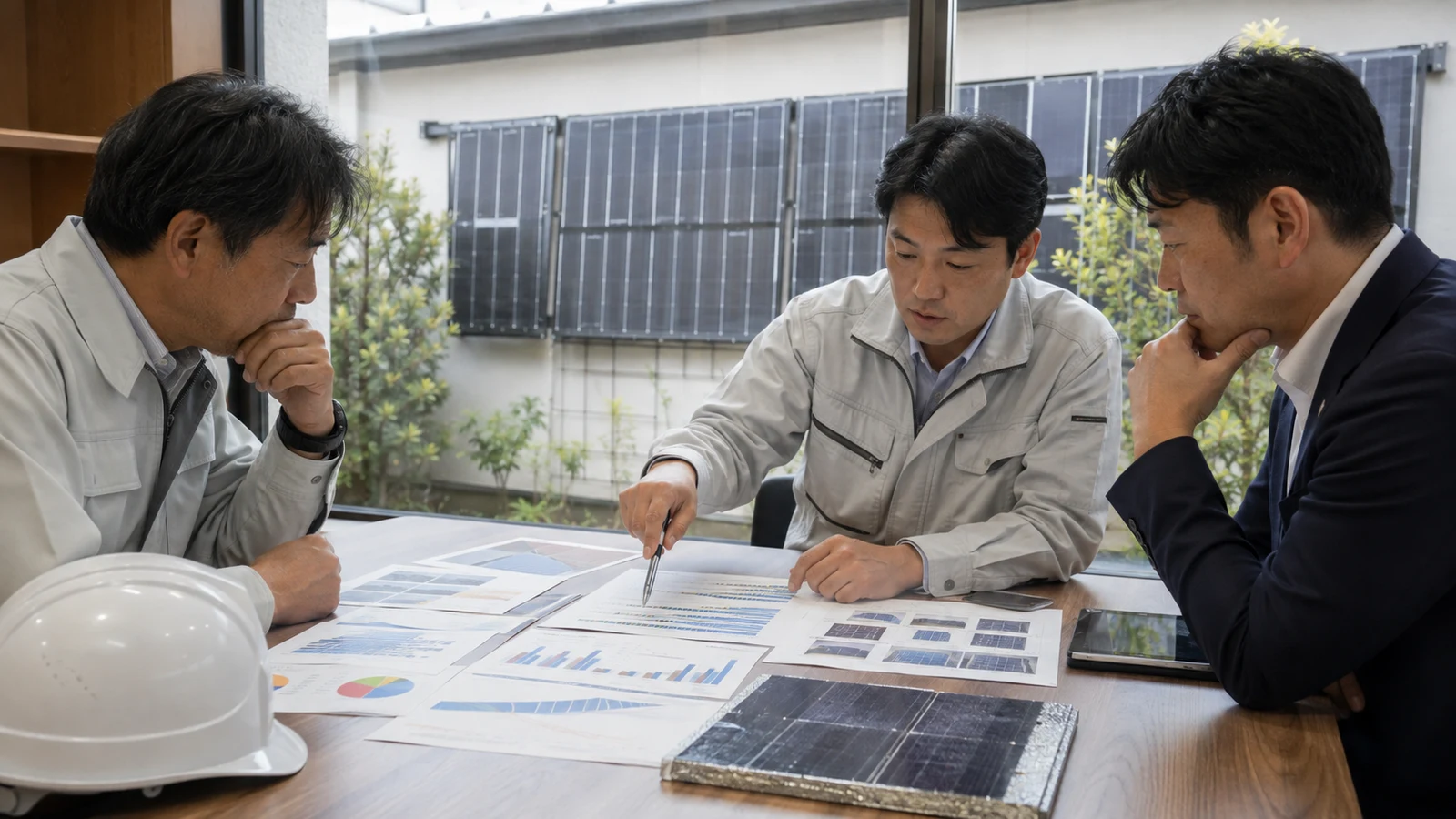 施設担当、メーカー、施工会社が、四季の発電量、劣化、停止、交換時間、回収記録を商用移行基準と照合している。