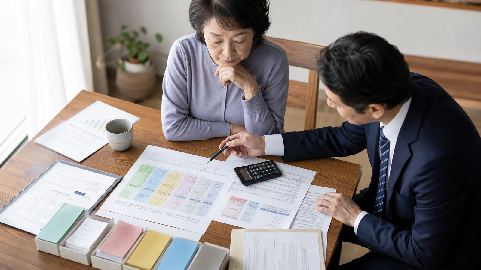 高齢者と独立した相談員が、入会金、預託金、月額、都度料金、解約返金を十年間の資金表で確認している。