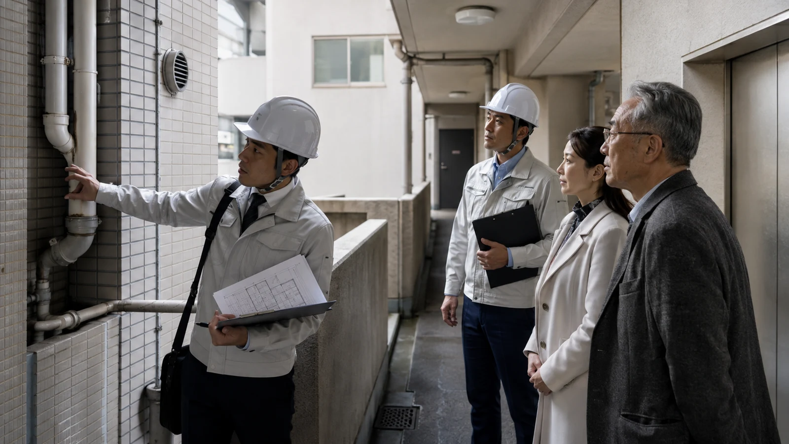 マンション管理組合の役員と建築士が、外壁、給排水設備、共用廊下を現地確認し、修繕と再生の対象範囲を図面へ記録している。