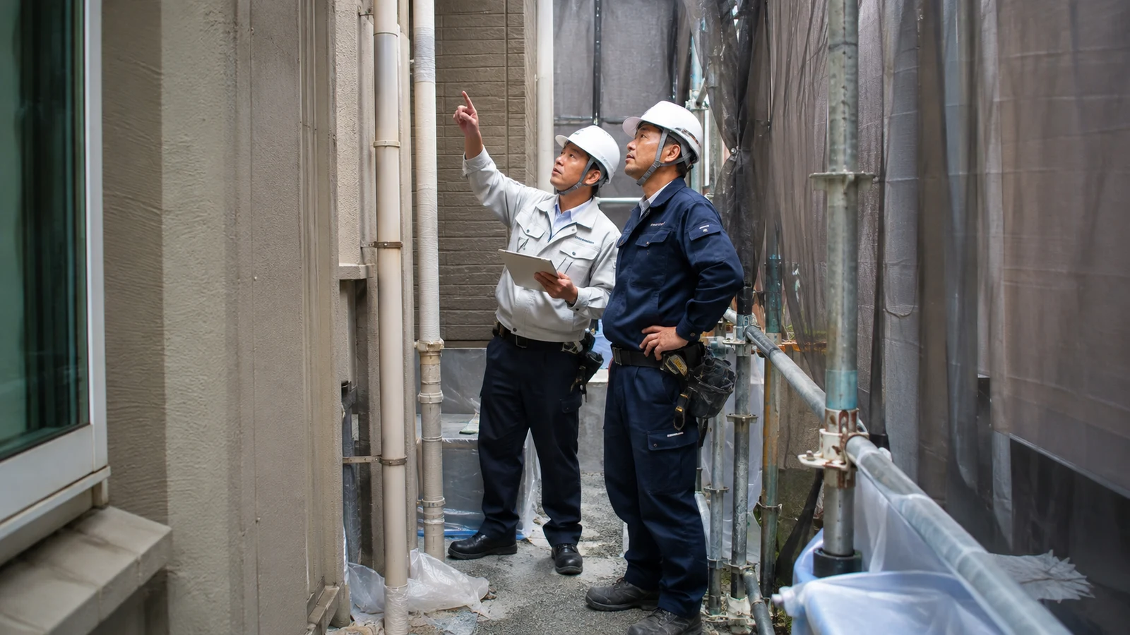 施工管理者と職長が、狭い搬入路、既存設備、足場、夜間作業区画を現地で確認し、標準歩掛からの補正条件を記録している。