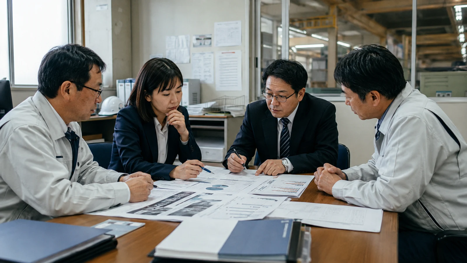 環境、財務、調達、製造の責任者が、排出枠の割当量、実績見込み、設備投資、調達上限を一つの表で審査している。