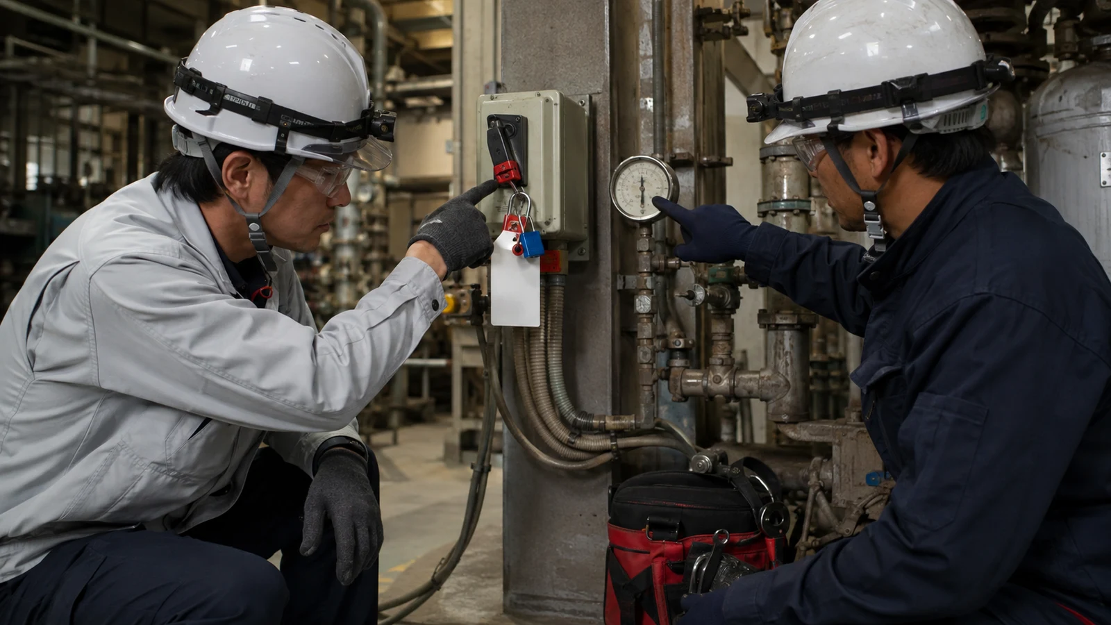 工場設備の保全作業前に、施設担当者と個人事業者が電源遮断、施錠札、残留エネルギー、再起動禁止を指差し確認している。
