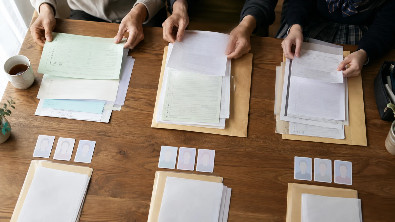家族が源泉徴収票、課税証明書、扶養情報、在学証明を並べ、きょうだいごとの年齢と所得を確認している。