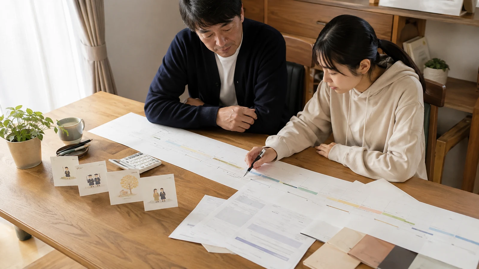 保護者と学生が、きょうだいの卒業・就職、各年の授業料減免、生活費、奨学金を4年間の家計表へ書き込んでいる。