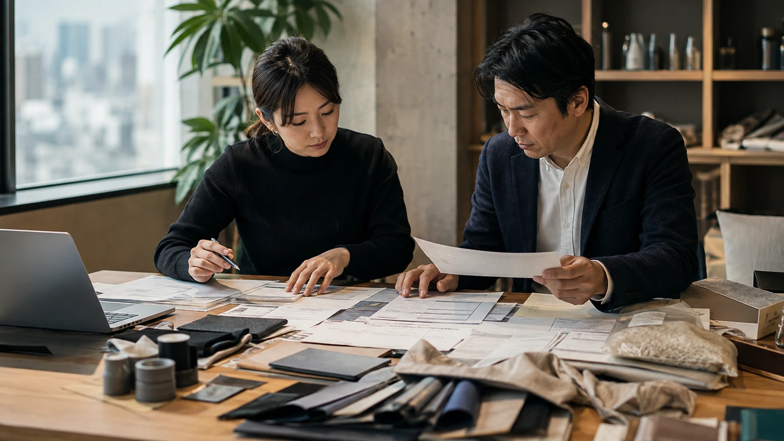 サステナビリティ担当者と調達担当者が、購入品、物流、販売後使用の一次データ比率、排出係数、推計根拠をカテゴリ別に確認している。