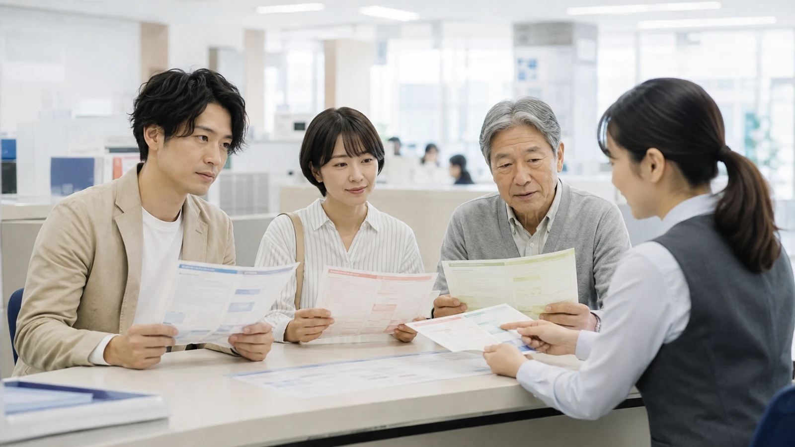 会社員、自営業者、高齢者の三世帯が、それぞれ給与明細、国民健康保険納付通知、後期高齢者医療決定通知を窓口担当者と確認している。