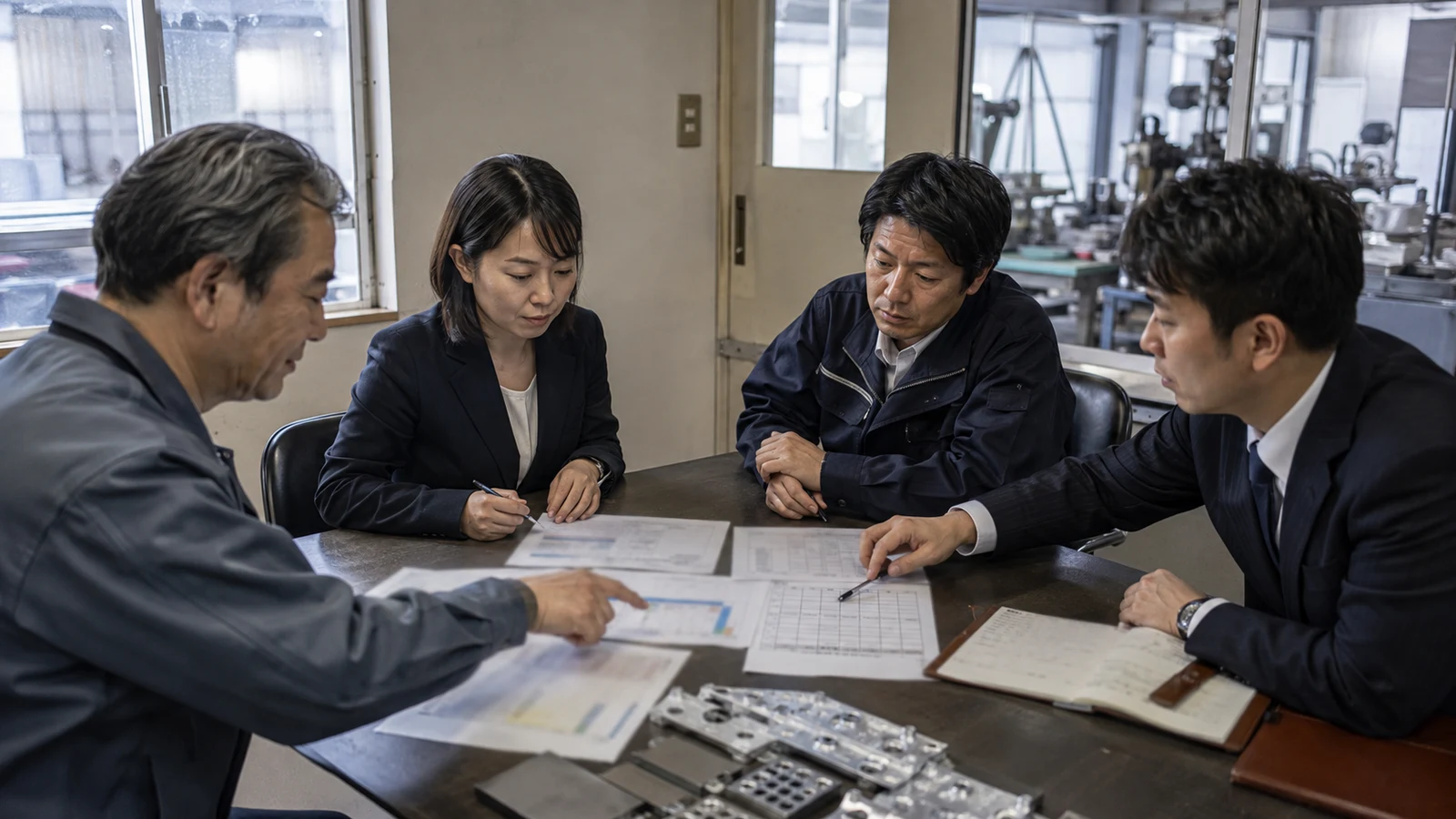 中小企業の経営会議で、経営者、財務責任者、金融機関担当者が受注残、粗利、資金繰り、改善期限を月次資料で確認している。