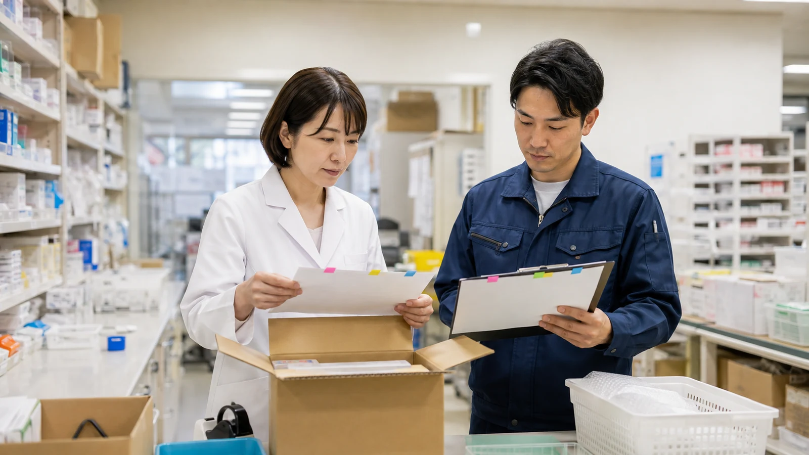 薬剤師と物流担当者が服薬指導完了、本人受取、温度管理、発送期限を医薬品の梱包前に照合している。