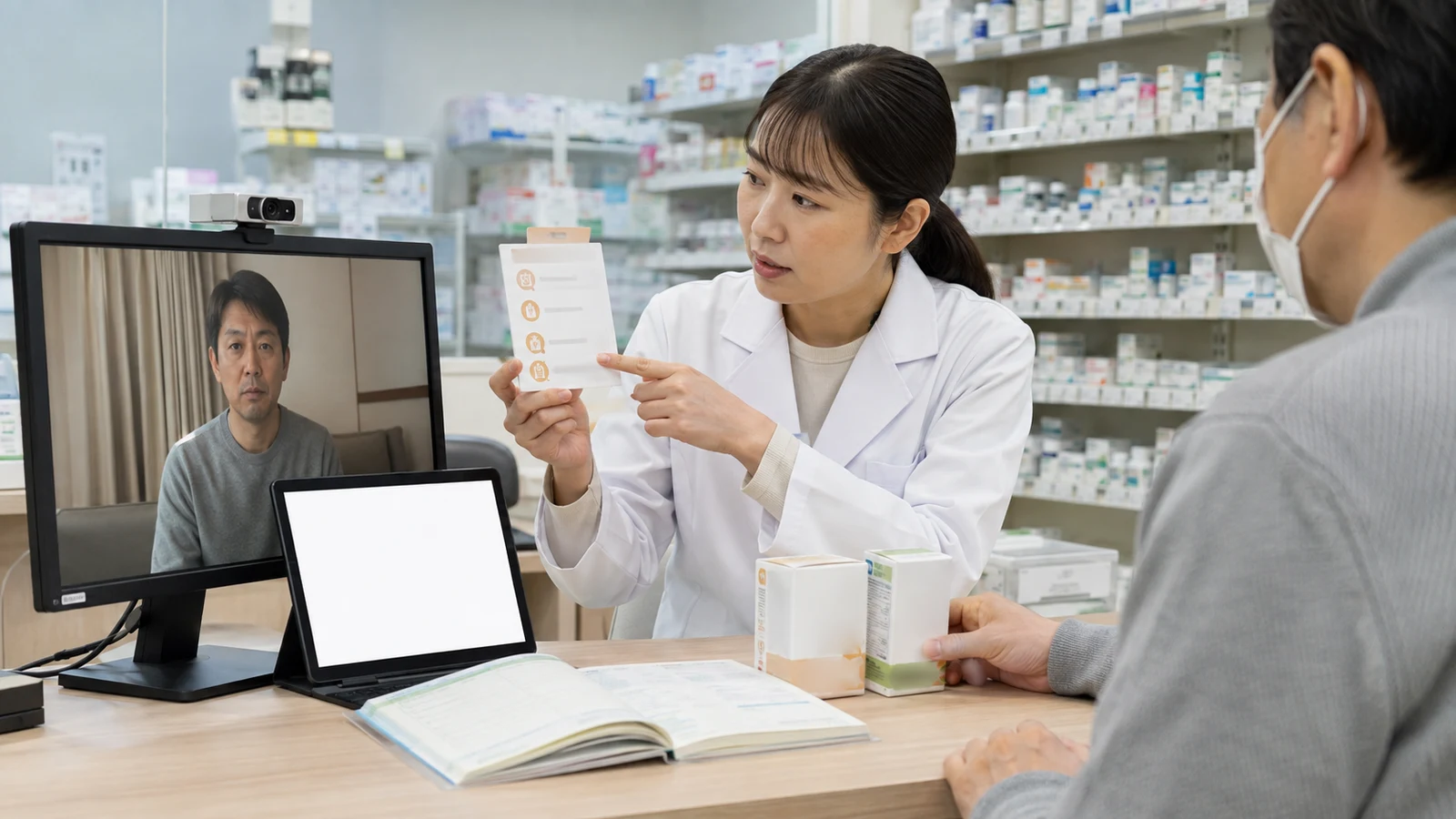 薬局の薬剤師がビデオ通話画面、電子問診、併用薬一覧を見ながら、利用者本人へ用法と注意症状を確認している。