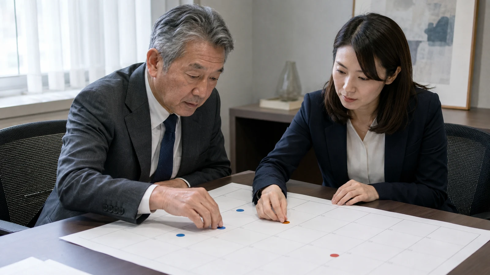 65歳の従業員と人事担当者が賞与支給月、9月の在職定時改定、退職予定日を年間カレンダーへ置いて年金額の変化を確認している。