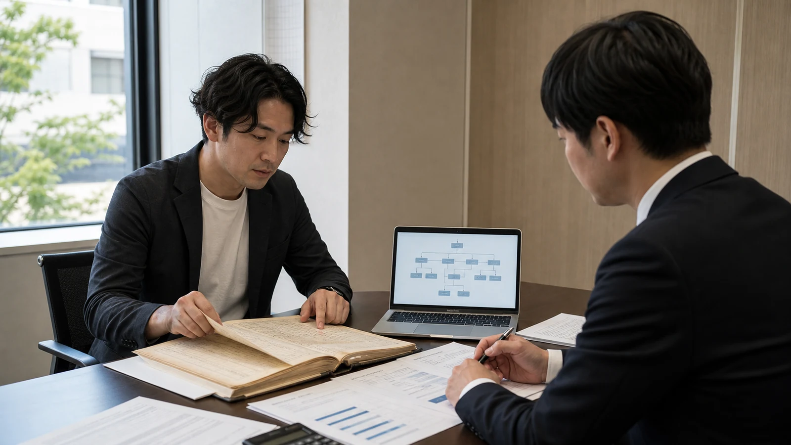 増資前後の株主名簿と議決権図を会社代表者と銀行担当者が並べ、実質的支配者情報の更新を確認している。
