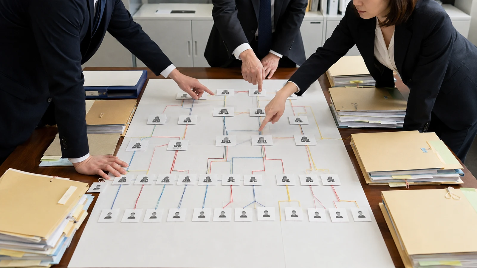 複数の法人株主から最終的な自然人へ議決権の線をたどり、50%超と25%超の判定を確認している法務担当者。