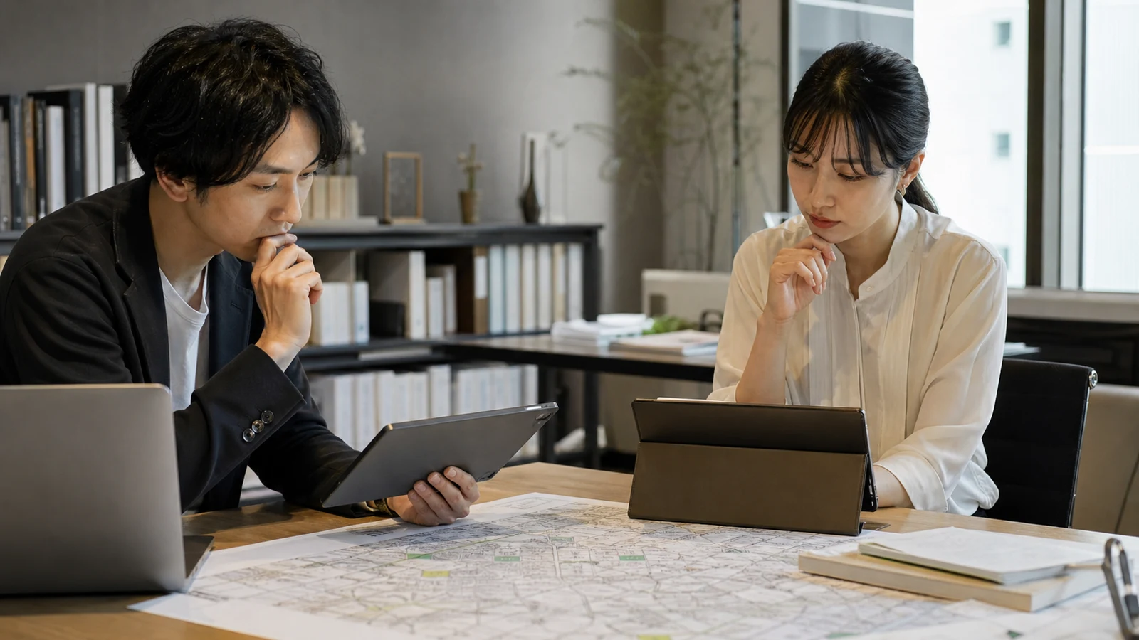 個人住所、会社情報、店舗入口の緯度経度を別のデータ欄に分け、7桁の識別子から取得する範囲を確認している担当者。