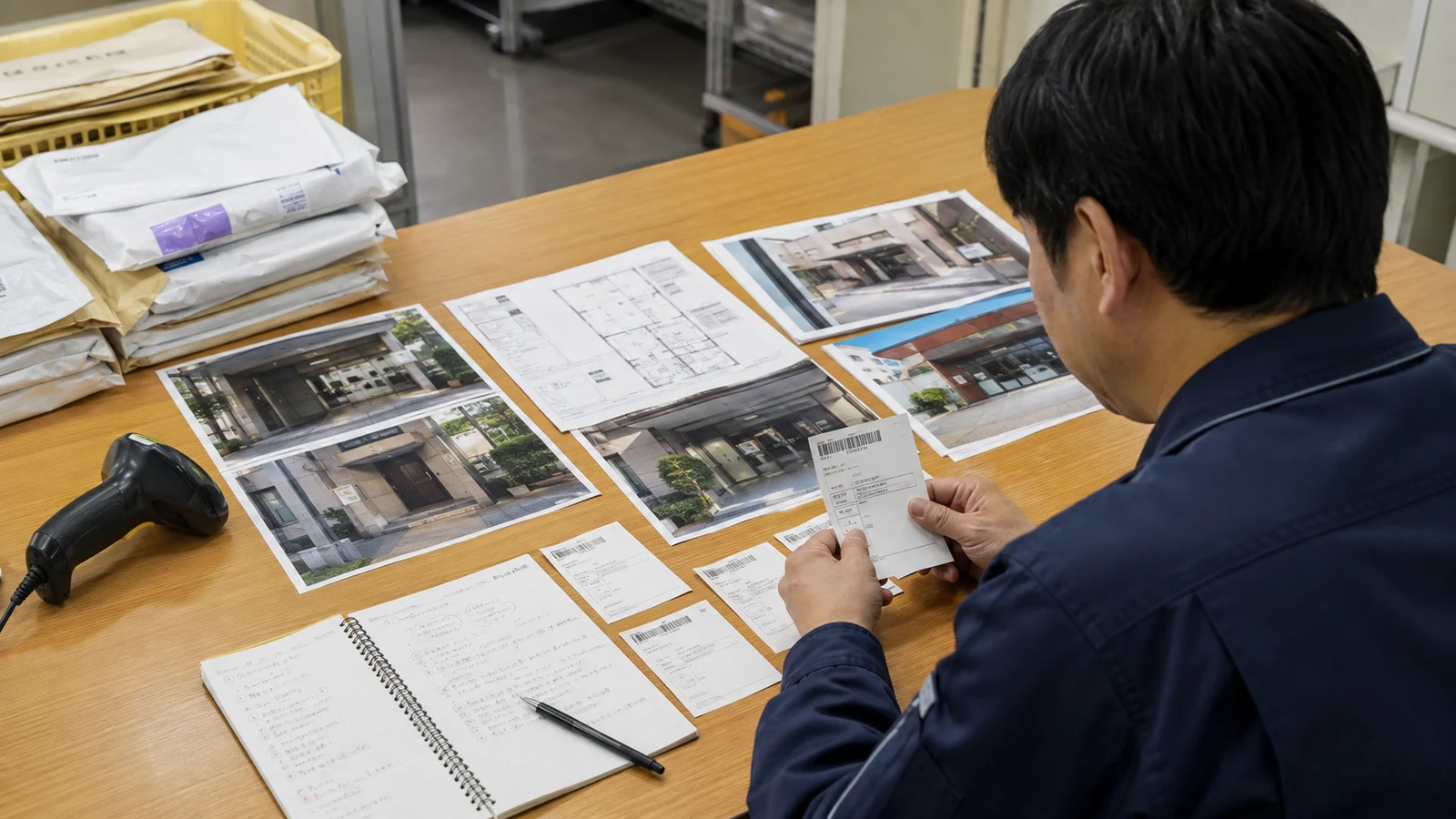 住所入力の検証担当者が配送ラベル、集合住宅と事業所の入口写真、フロア図を並べ、誤配送につながる入力差を確認している。
