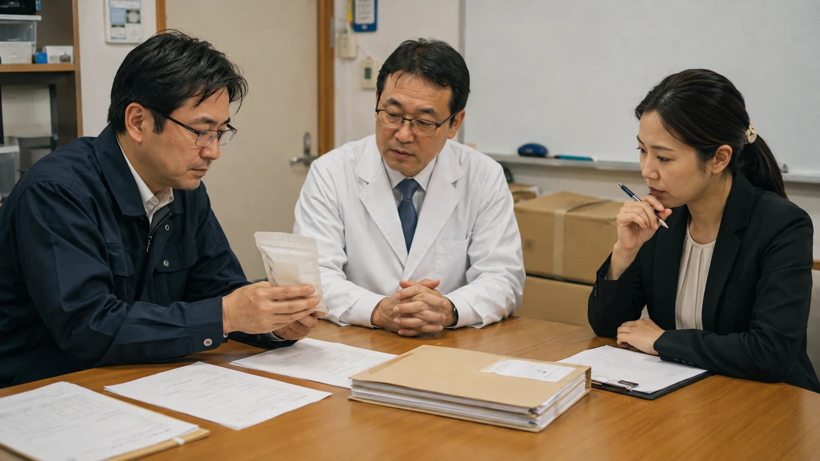 健康被害の相談票、製品ロット、出荷記録を品質保証、医療相談、経営の担当者が同時に確認している。